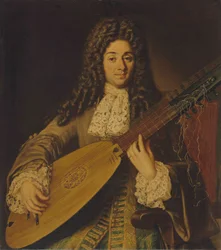 Portret van een muzikant, waarschijnlijk Petruccio, halflang, spelend op een theorbo