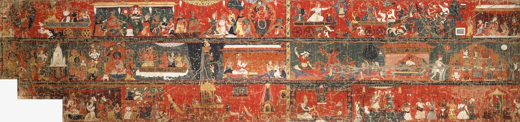 Een grote Nepalese historische schilderij die een versie van de legende van Rode Avalokiteshvara voorstelt, 1712