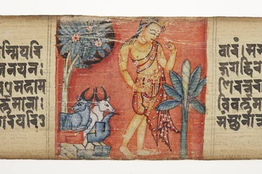 Sudhana reist door een rotsachtig landschap met twee stieren, uit de Gandavyuha
