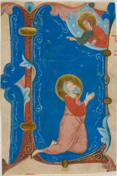 Biddende heilige (Mozes?) met Christus in een gehistorieerde initiaal "L", uit een koorboek