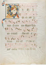 Heilige knielend voor God op de troon in een gehistorieerde initiaal "V" uit een antifonarium