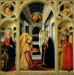 Annunciatie met St. Apollonia, St. Lucas en profeten David en Jesaja, door Neri di Bicci