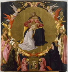 De kroning van Maria met engelen en vier heiligen. Omstreeks 1470
