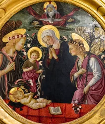 De Maagd Maria, Johannes en twee engelen die het Christuskind aanbidden