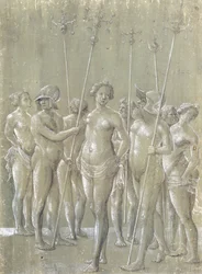 Vijf naakte soldaten met stokken, twee met een helm, en drie naakte vrouwen, 1522
