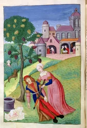 Ms. 324 f. 44v. Alcithoe, Pyramus en Thisbe, moerbeiboom verandert van kleur, uit Metamorfosen van Ovidius, 1479