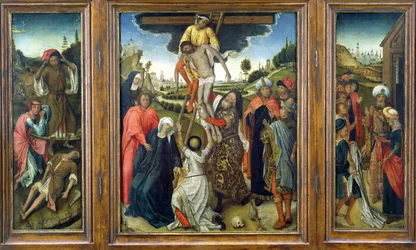 De Kruisafneming, geflankeerd door (L) Adam en Eva rouwen om Abel en (R) Jozefs jas getoond aan Jacob, drieluik, c.1470