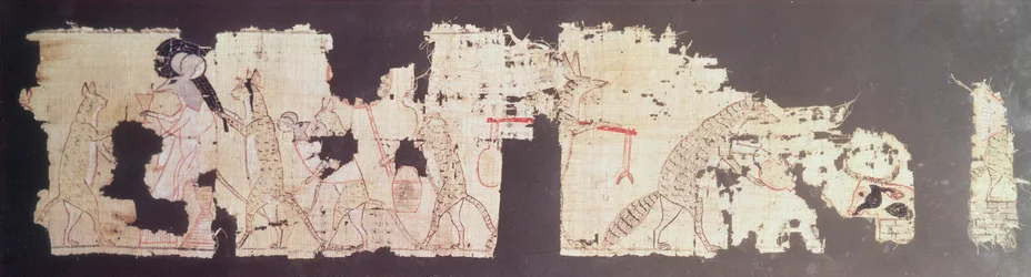 Satirisch papyrus met een muis die door katten wordt bediend