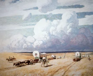 Huifkarren op weg naar het westen