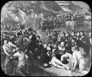Admiraal Lord Nelson gewond bij de Slag bij Trafalgar, 1805