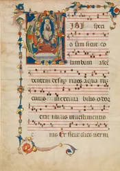 Manuscriptblad met de Tenhemelopneming van de Maagd in een Initiaal V, uit een Antifonarium, ca. 1340
