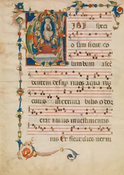 Manuscriptblad met de Tenhemelopneming van de Maagd in een initiaal V, uit een antifonarium, ca. 1340