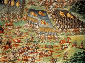 De Slag bij Saint-Quentin, waarin de Spanjaarden in 1557 tijdens de Italiaanse Oorlogen de Fransen versloegen, detail met cavalerieaanval