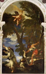 De heilige Petrus Martelaar neergestoken door huurmoordenaars (kopie van het schilderij van Titiaan dat verloren ging bij de brand in de Rozenkranskapel)