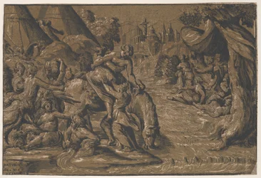 Cloelia de Romeinse heldin in het midden die op een paard wordt geholpen, Rome op de achtergrond..., 1540-50