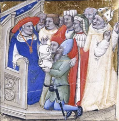 Een kardinaal die een bisschop beoordeelt, beschuldigd door twee leken, c.1380