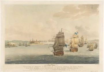 Naar Pocock, deze prent stelt de Britse vloot voor onder bevel van admiraal Sir Hyde Parker, met viceadmiraal Lord Nelson, K.B. en schout-bij-nacht Thomas Graves