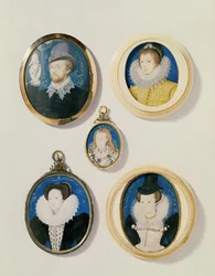 Miniaturen, van L naar R, T naar B: Man met een hand uit een wolk; Onbekende jonge man, 1588; Mevrouw Holland 26 jaar, 1593; Arabella Stuart, hertogin van Lennox; Onbekende dame