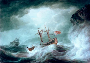 Een storm, met een verankerd schip in nood voor een rotsachtige kust