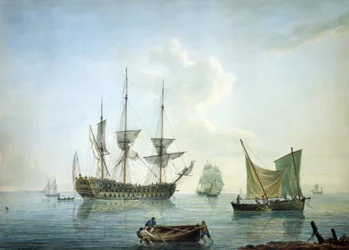 Derdeklas fregat (70 kanonnen), een vissersboot en andere boten voor de zuidkust van Engeland