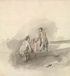 Twee mannen in een boot die met pullen klinken (?)
