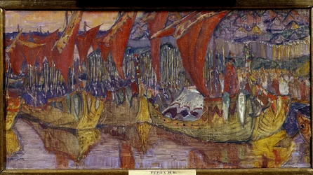 De campagne van Chersonessos door Vladimir de Grote (of de Heilige, of de rode zon, Vladimir I Sviatoslavitch van Kiev, 958-1015). De Rode Zeilen. Schilderij van Nicolas Roerich (1874-1947)