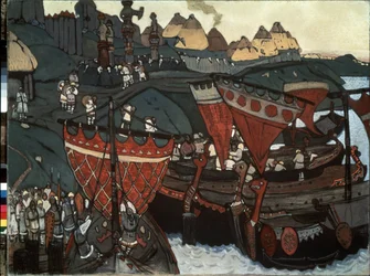 De Slaven op de Dnjepr: Varjagen (of Rus) die de rivier oversteken. Werk van Nicholas Roerich