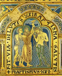 Doop van Christus, van het altaar van Verdun ... (geëmailleerde plaquette in champleve techniek op verguld koper)