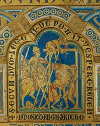 Het afhakken van de koning van Jericho aan de galg (koper)