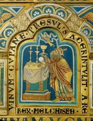 De Priester-koning van Salem, Melchizedek, offert brood en wijn ... (email op verguld koper)