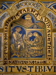 Verdunaltaar van goud en email door Nicolas de Verdun (ca. 1130/50-1205): scènes uit het Oude en Nieuwe Testament: detail met de geboorte van Simson. 12e eeuw, Klosterneuburg, Wenen, Oostenrijk