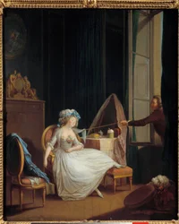 Lichtzinnige liefde. Een man ontdekt de borst van een jonge vrouw die op haar borst slaapt. Schilderij van Niklas Lavreince (1737-1807). Parijs in de 18e eeuw. Musée Cognacq-Jay