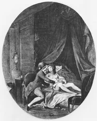 Valmont en Emilie, illustratie uit „Les Liaisons Dangereuses“ van Pierre Choderlos de Laclos (1741-1803), gegraveerd door Romain Girard (geb. ca. 1751), 1782