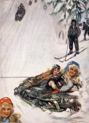 Meisjes op omgekeerde slee, Holmencollen, 1905