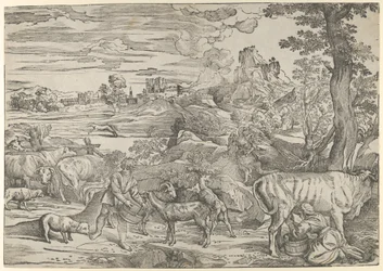 Landschap met een melkmeisje rechts en een jongen links, ca. 1535-40