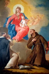 De Nationale Galerie. Onze-Lieve-Vrouw van de Rozenkrans met de heilige Dominicus en de heilige Franciscus van Assisi. 18e eeuw. Ljubljana. Slovenië.