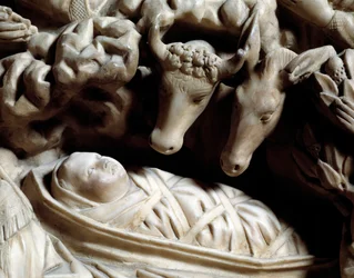 Gotische kunst: de geboorte - Detail van de bas-reliëfs van de marmeren preekstoel gemaakt door Nicola Pisano (1266-1268)