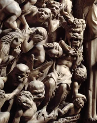 Gotische kunst: detail van reliëfs die verdoemden naar de hel tonen in het laatste oordeel, marmeren preekstoel door Nicola Pisano