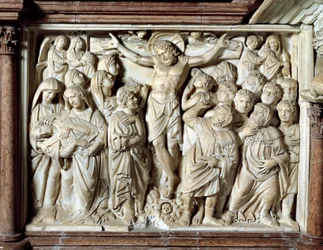 Italië, Toscane, Pisa, Piazza dei Miracoli, kathedraal, marmeren preekstoel, paneel met Kruisiging door Giovanni Pisano