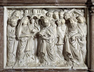 Opdracht van Jezus in de tempel, door Nicola Pisano (1215/20-1278/84), 1260, Baptisterium van Sint-Jan in Pisa, Italië