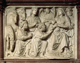 Relief met de Aanbidding der Wijzen van de preekstoel