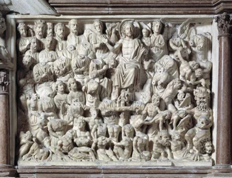 Het Laatste Oordeel. Stoel gemaakt door Nicola Pisano, 1215/20-1278/84. 1260. Baptisterium van Sint-Jan in Pisa, Italië
