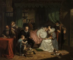 Prins Willem I verzorgd door zijn vrouw Charlotte de Bourbon na de mislukte aanslag op zijn leven door Jean Jaurequi in Antwerpen in 1582