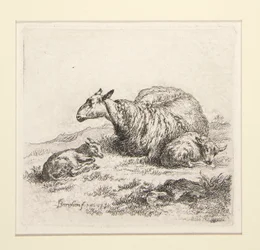 2 etsen uit De Set van de Schapen met de herderin en de schapen, de zogenaamde Vrouw