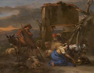 Pastorale Scene met een Herderin die een Geit Melkt