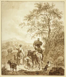 Herderin en Boer met Kudde in Italiaans Landschap