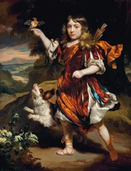 Portret van een jongen, als Daifilo, in een rood overkleed over een zilveren gewaad, met een oranje mantel, een vogel rustend op zijn rechterhand, zijn hond naast hem, in een landschap