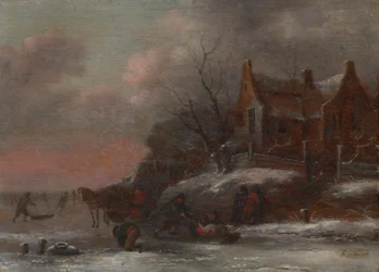 Een winterlandschap met figuren die sleeën op een bevroren rivier