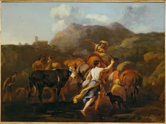 Koeherders en kudde (schilderij op doek)
