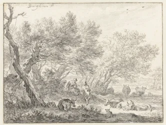Herders en vee bij een groep bomen